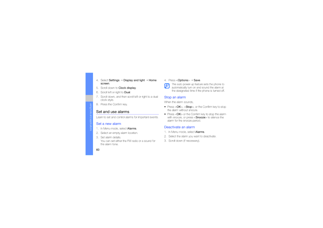 Samsung GT-C5510 manual Set and use alarms, Set a new alarm, Stop an alarm, Deactivate an alarm 