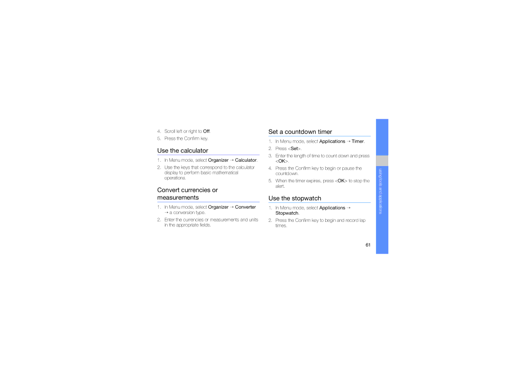 Samsung GT-C5510 manual Use the calculator, Convert currencies or measurements, Set a countdown timer, Use the stopwatch 