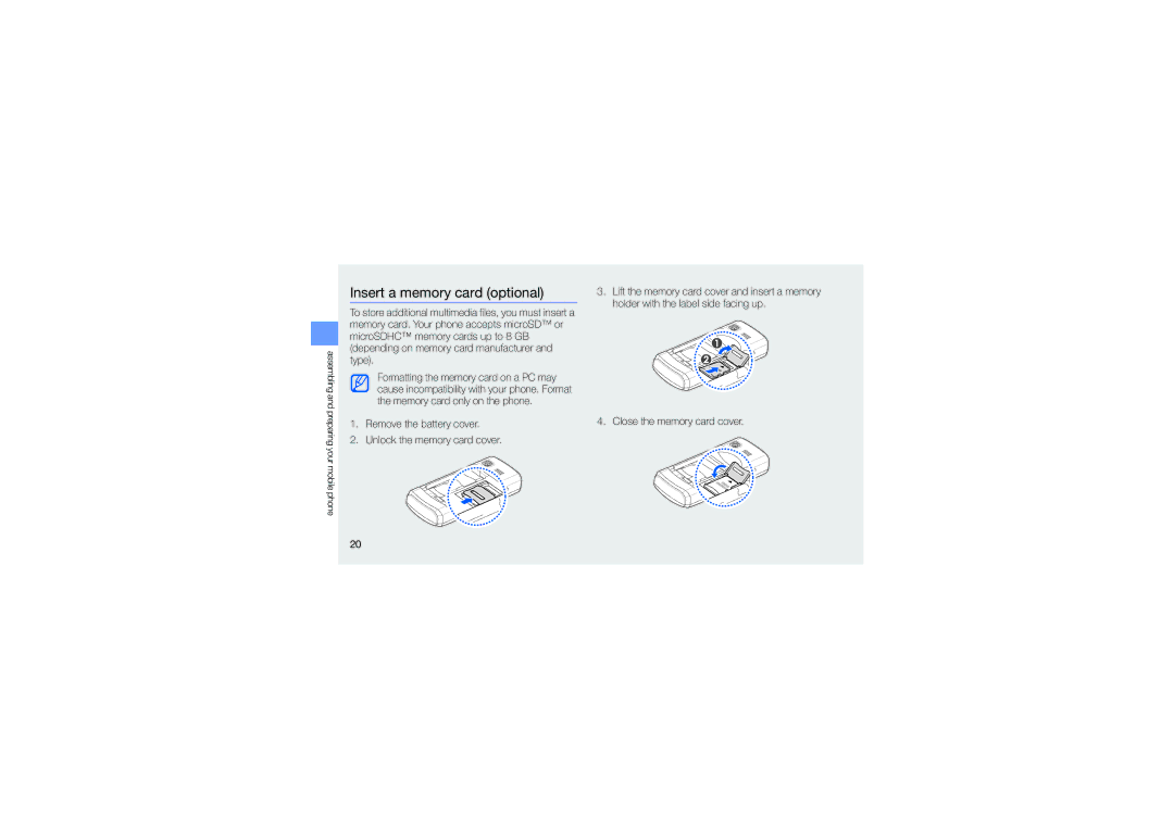 Samsung GT-C6112 user manual Insert a memory card optional, Remove the battery cover Unlock the memory card cover 