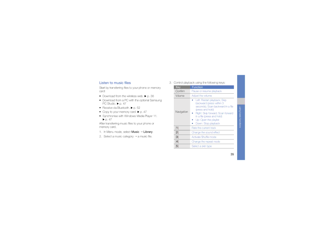Samsung GT-C6112 user manual Listen to music files, Navigation 
