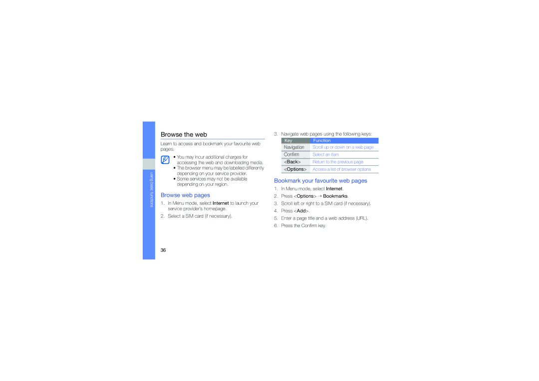 Samsung GT-C6112 user manual Browse the web, Browse web pages, Bookmark your favourite web pages, Confirm 