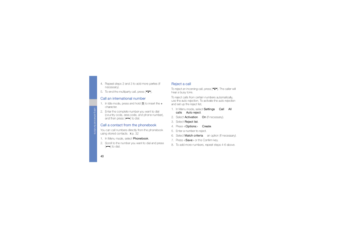 Samsung GT-C6112 user manual Call an international number, Call a contact from the phonebook, Reject a call 