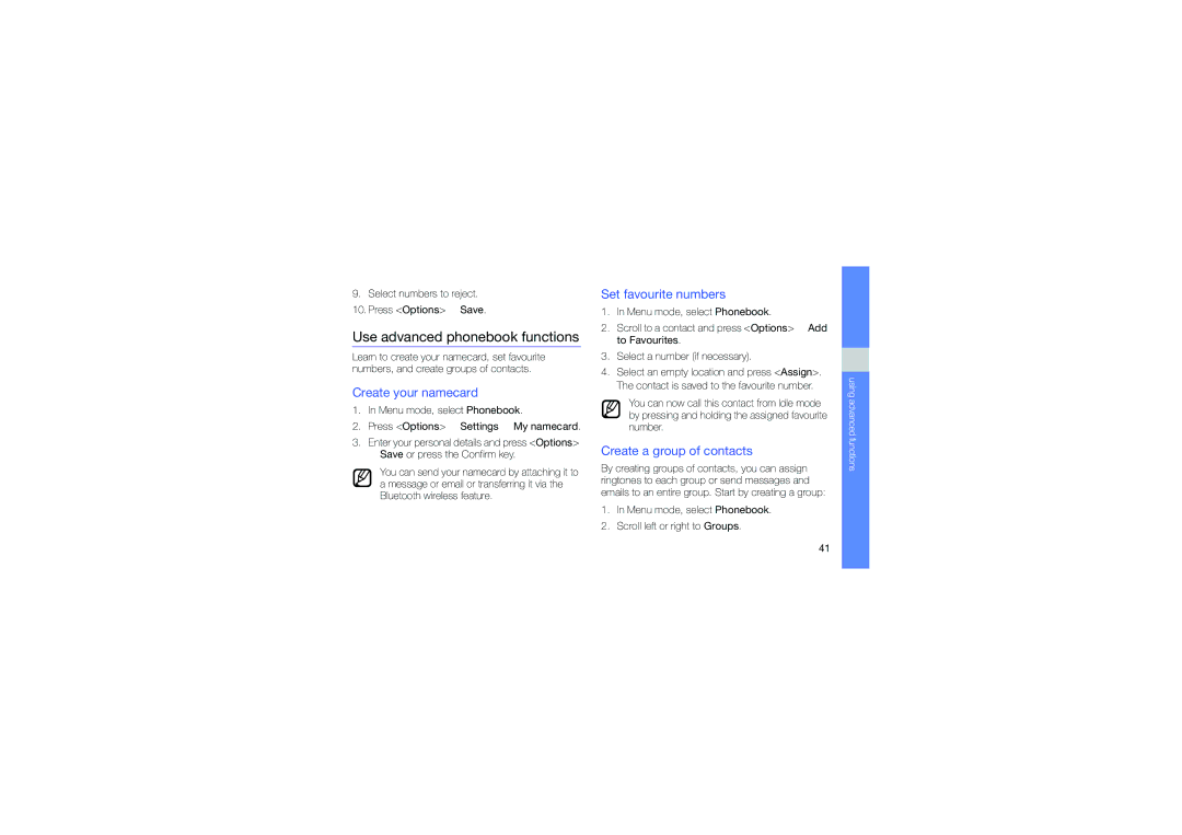 Samsung GT-C6112 Use advanced phonebook functions, Create your namecard, Set favourite numbers, Create a group of contacts 