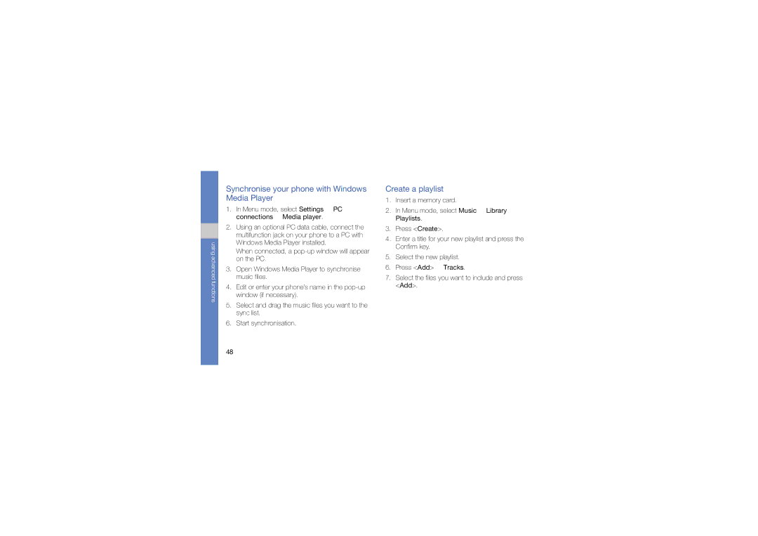 Samsung GT-C6112 user manual Synchronise your phone with Windows Media Player, Create a playlist 