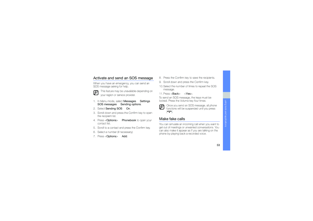 Samsung GT-C6112 user manual Activate and send an SOS message, Make fake calls 