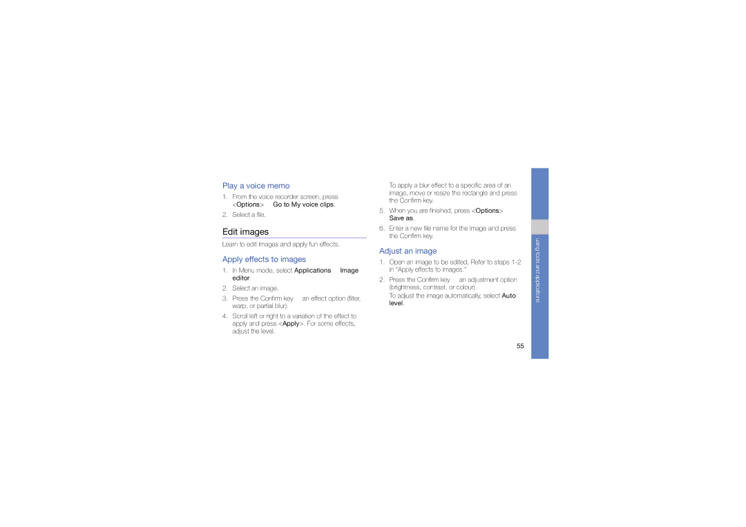 Samsung GT-C6112 user manual Edit images, Play a voice memo, Apply effects to images, Adjust an image 