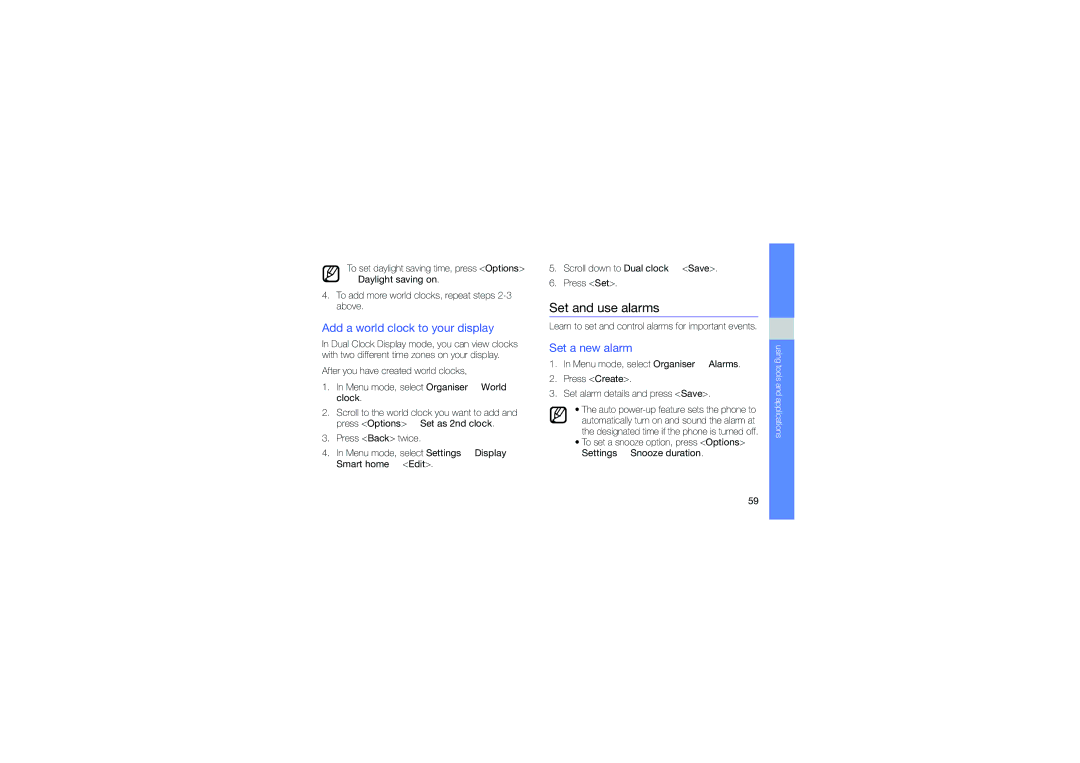 Samsung GT-C6112 user manual Set and use alarms, Add a world clock to your display, Set a new alarm 