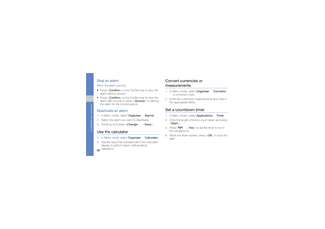 Samsung GT-C6112 user manual Use the calculator, Convert currencies or measurements, Set a countdown timer, Stop an alarm 