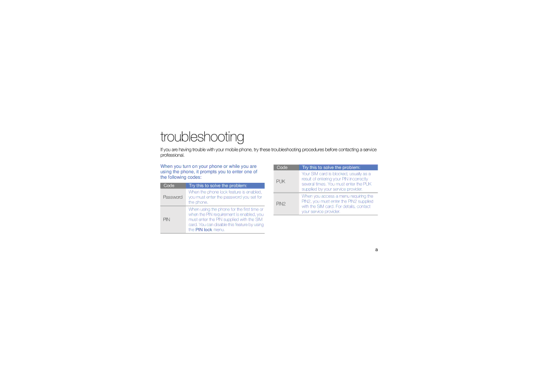 Samsung GT-C6112 user manual Troubleshooting, Following codes 