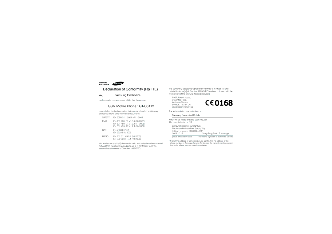 Samsung GT-C6112 user manual Declaration of Conformity R&TTE 