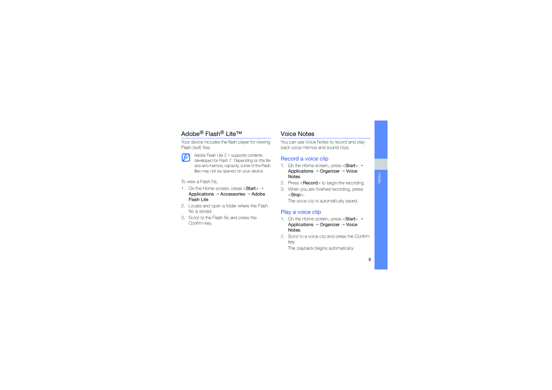 Samsung GT-C6625EKJXEE, GT-C6625EKABOG manual Adobe Flash Lite, Voice Notes, Record a voice clip, Play a voice clip 