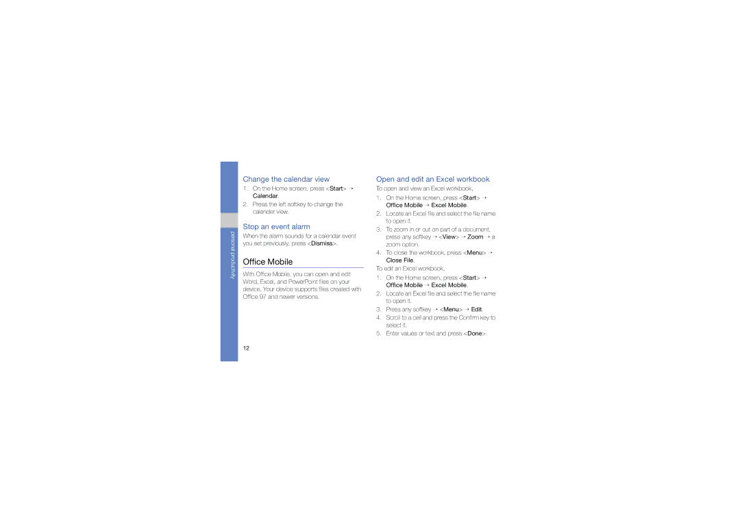 Samsung GT-C6625EKASWC manual Office Mobile, Change the calendar view, Stop an event alarm, Open and edit an Excel workbook 