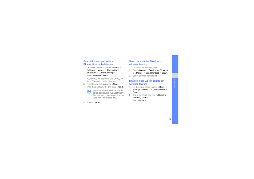 Samsung GT-C6625NBAOMN Search for and pair with a Bluetooth-enabled device, Send data via the Bluetooth wireless feature 