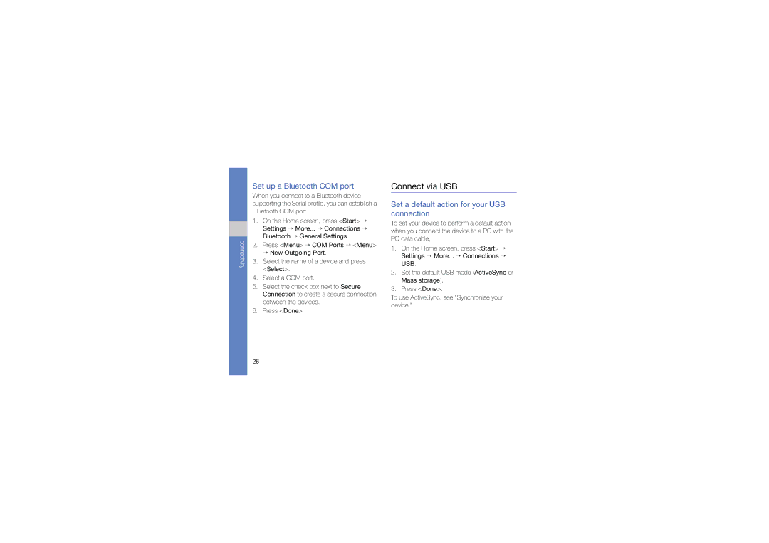 Samsung GT-C6625EKAOMN manual Connect via USB, Set up a Bluetooth COM port, Set a default action for your USB connection 