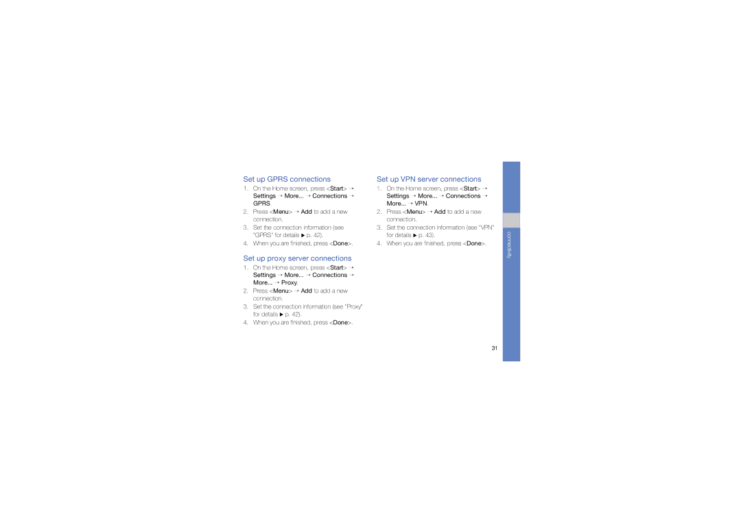 Samsung GT-C6625EKAPRO manual Set up Gprs connections, Set up proxy server connections, Set up VPN server connections 