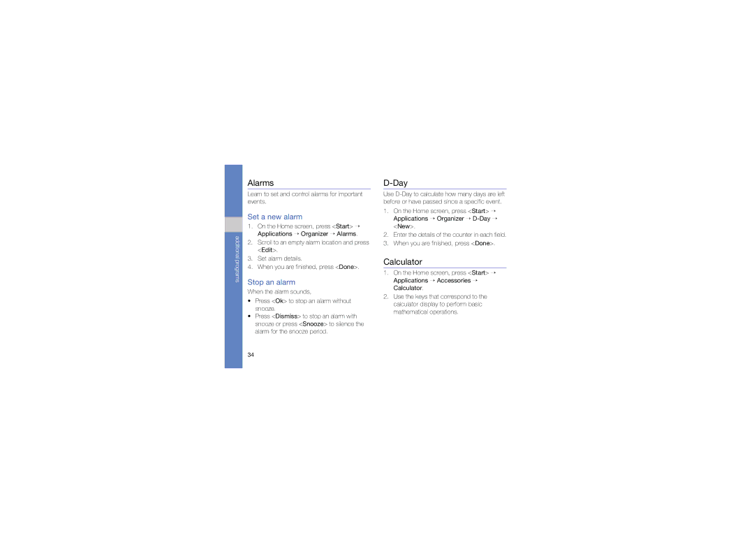 Samsung GT-C6625EKAVGR, GT-C6625EKABOG, GT-C6625EKASFR manual Alarms, Day, Calculator, Set a new alarm, Stop an alarm 