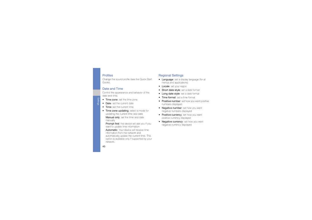 Samsung GT-C6625EKACNX, GT-C6625EKABOG, GT-C6625EKASFR, GT-C6625NBAORC manual Profiles, Date and Time, Regional Settings 