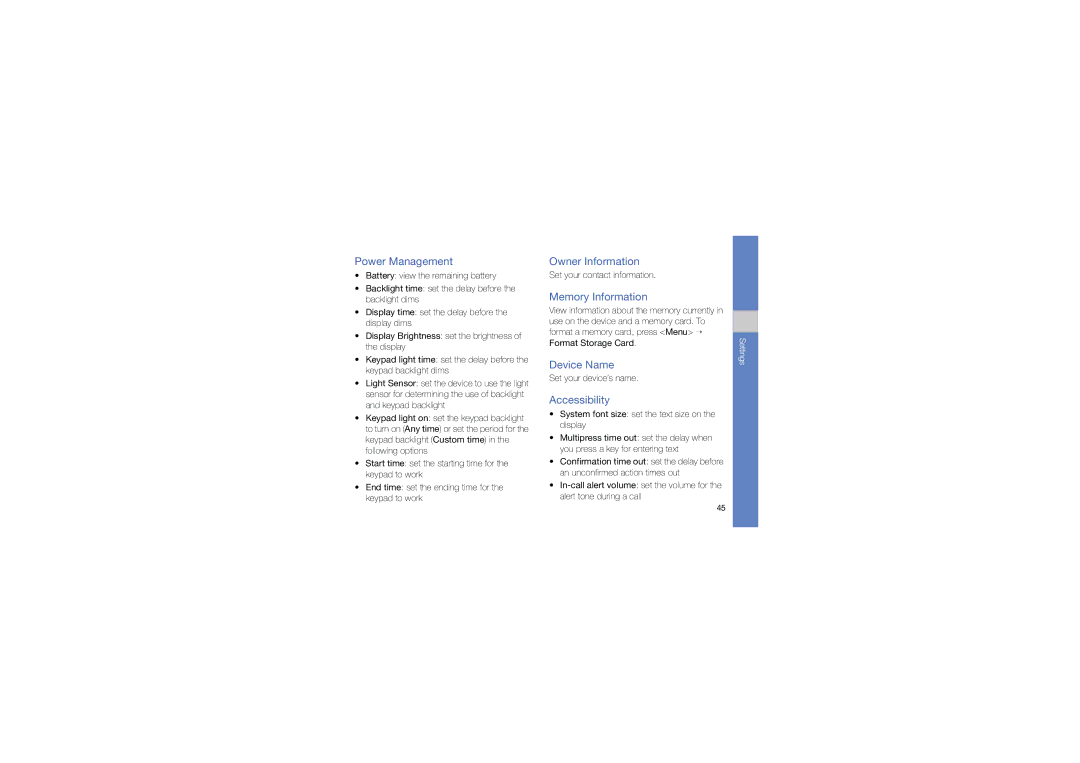 Samsung GT-C6625NBAORC, GT-C6625EKABOG Power Management, Owner Information, Memory Information, Device Name, Accessibility 