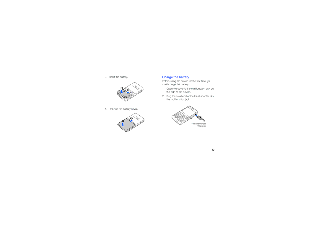 Samsung GT-C6625EKAOPT, GT-C6625EKABOG, GT-C6625EKASFR, GT-C6625NBAORC, GT-C6625EKAXEF, GT-C6625EKAFTM manual Charge the battery 