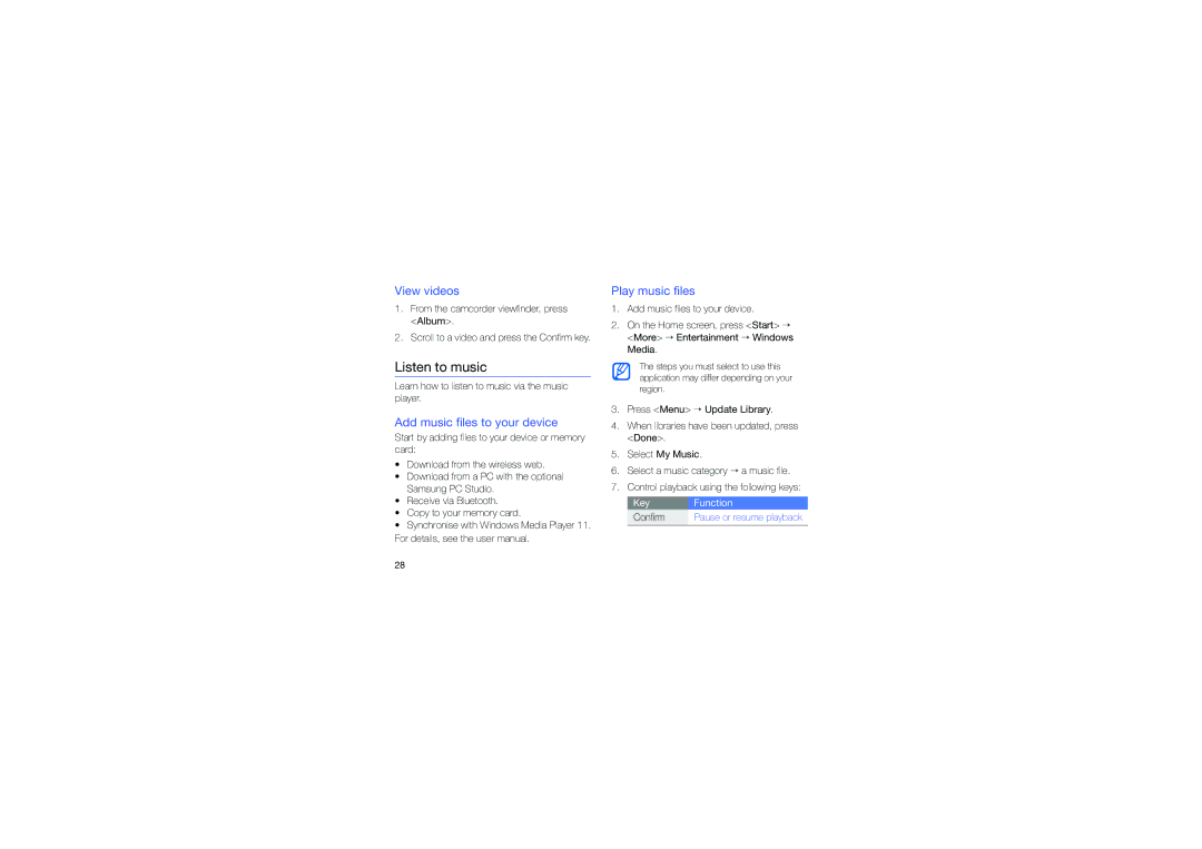 Samsung GT-C6625EKAWIN, GT-C6625EKABOG manual Listen to music, View videos, Add music files to your device, Play music files 