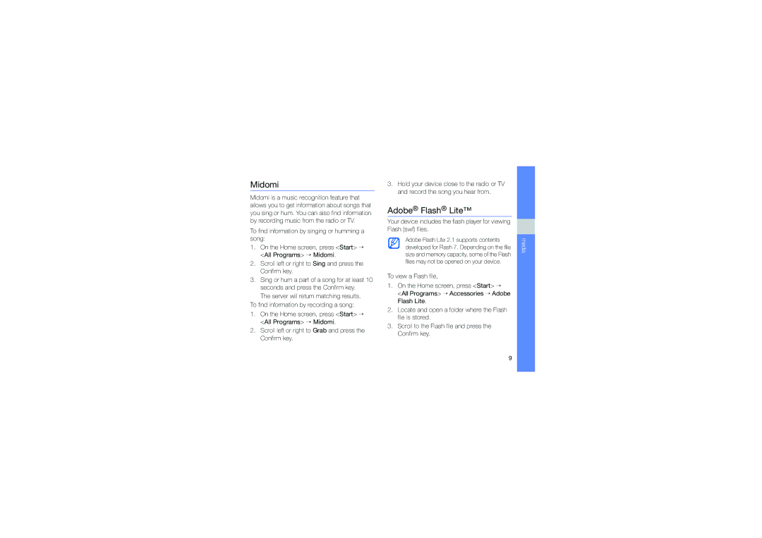 Samsung GT-C6625EKJXEE, GT-C6625EKABOG, GT-C6625EKASFR, GT-C6625NBAORC, GT-C6625EKAXEF manual Midomi, Adobe Flash Lite 