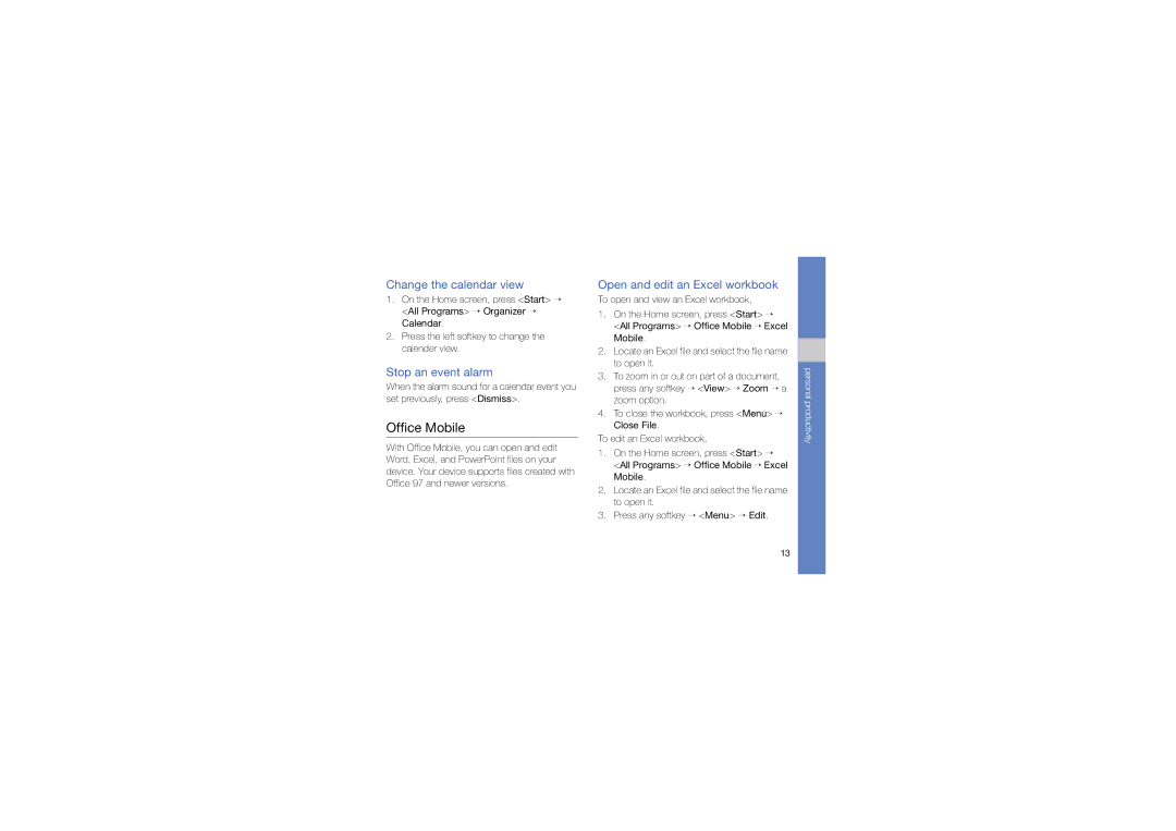 Samsung GT-C6625EKATPH manual Office Mobile, Change the calendar view, Stop an event alarm, Open and edit an Excel workbook 