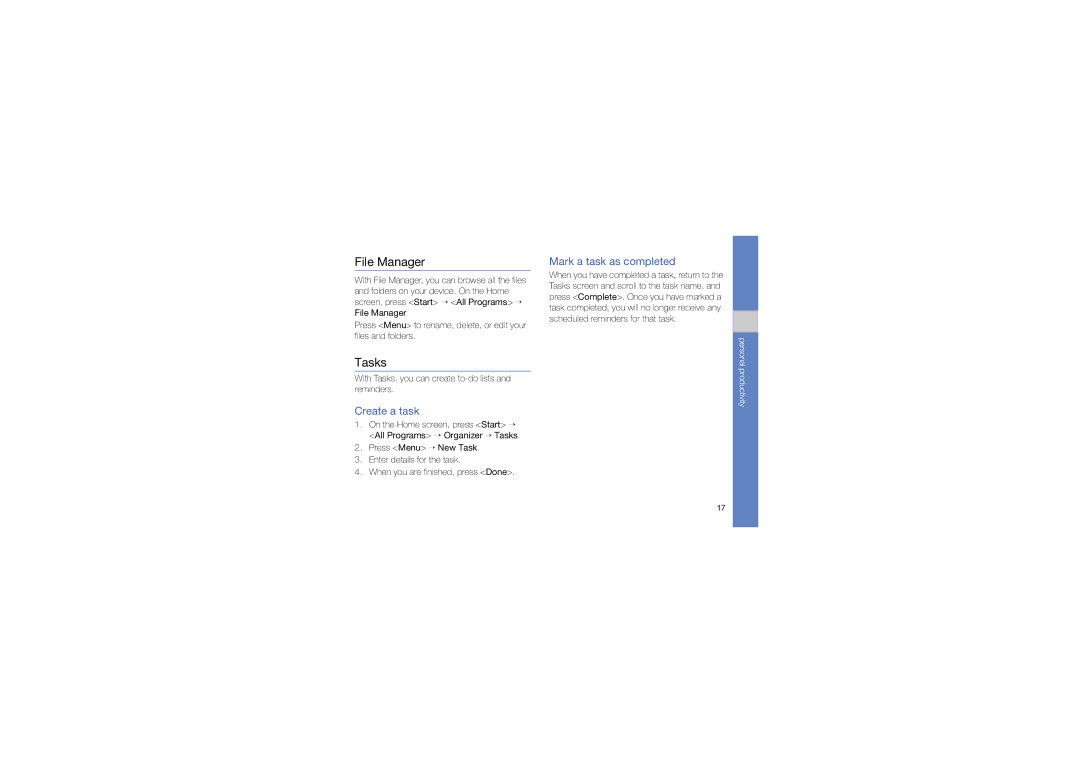 Samsung GT-C6625EKAMOB, GT-C6625EKABOG, GT-C6625EKASFR manual File Manager, Tasks, Create a task, Mark a task as completed 