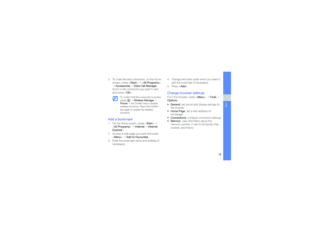 Samsung GT-C6625EKABOG, GT-C6625EKASFR, GT-C6625NBAORC, GT-C6625EKAXEF manual Add a bookmark, Change browser settings 