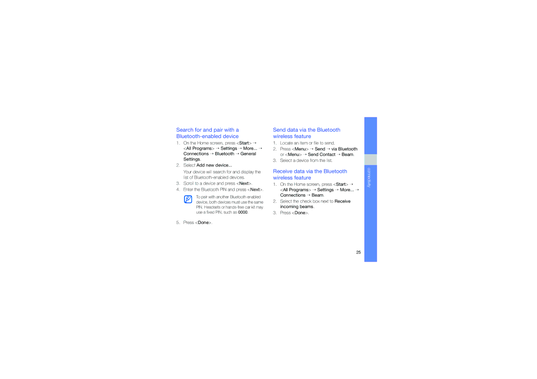 Samsung GT-C6625NBAOMN Search for and pair with a Bluetooth-enabled device, Send data via the Bluetooth wireless feature 