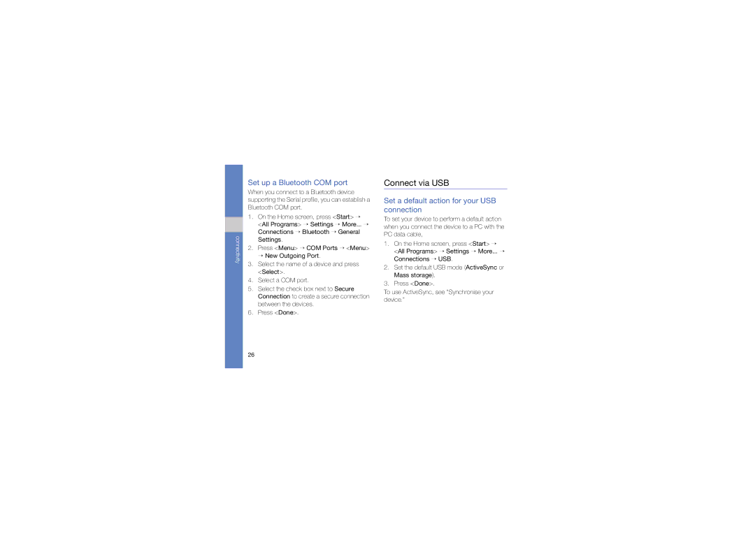 Samsung GT-C6625EKAOMN manual Connect via USB, Set up a Bluetooth COM port, Set a default action for your USB connection 