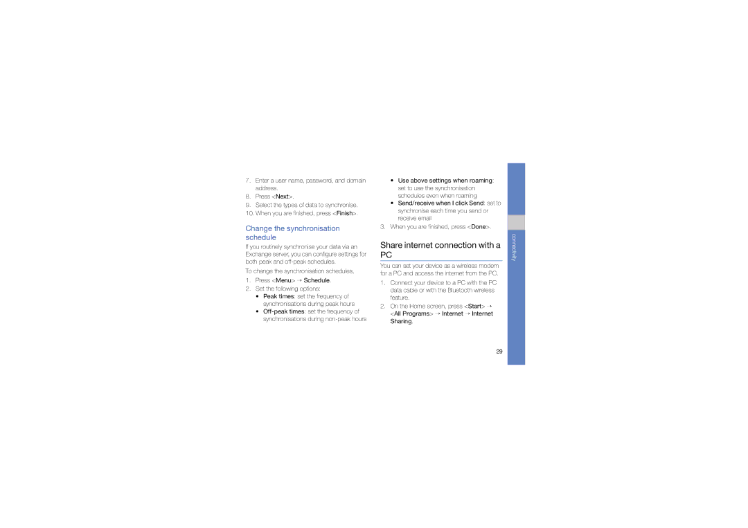 Samsung GT-C6625NBAINU, GT-C6625EKABOG manual Share internet connection with a, Change the synchronisation schedule 