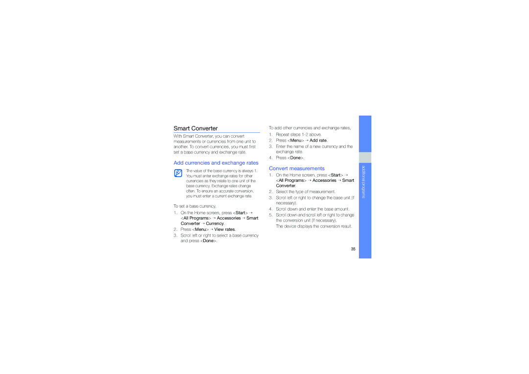 Samsung GT-C6625EKAVDH, GT-C6625EKABOG manual Smart Converter, Add currencies and exchange rates, Convert measurements 