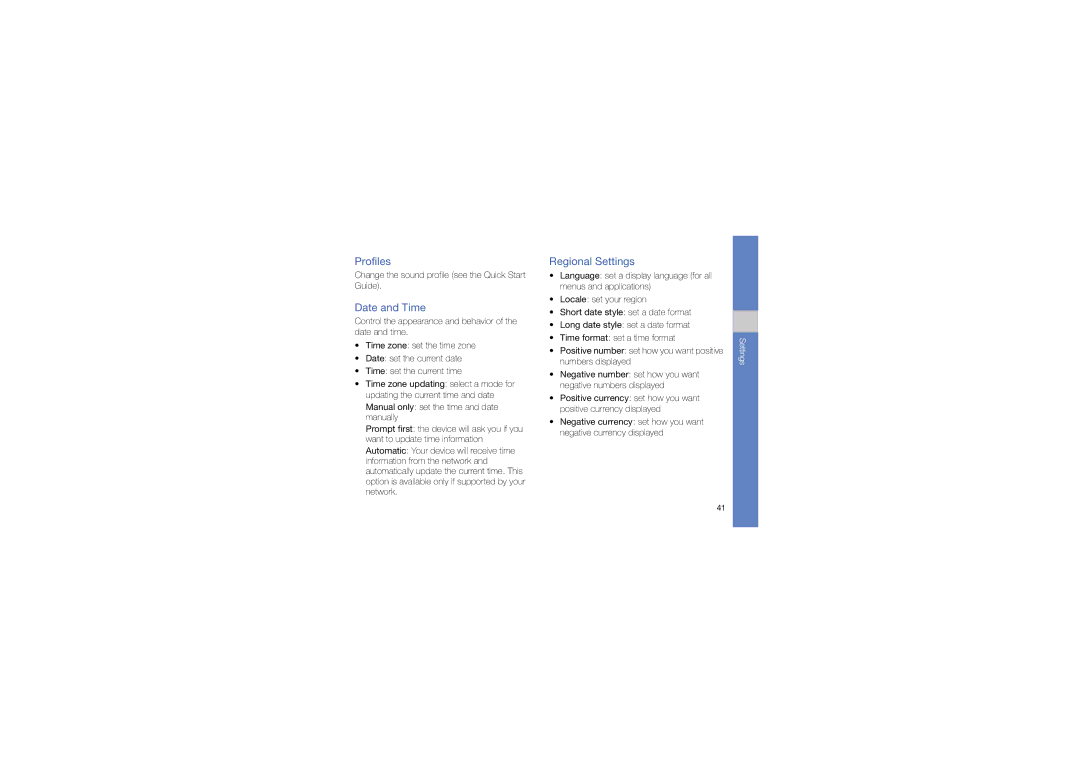 Samsung GT-C6625EKAMOB, GT-C6625EKABOG, GT-C6625EKASFR, GT-C6625NBAORC manual Profiles, Date and Time, Regional Settings 