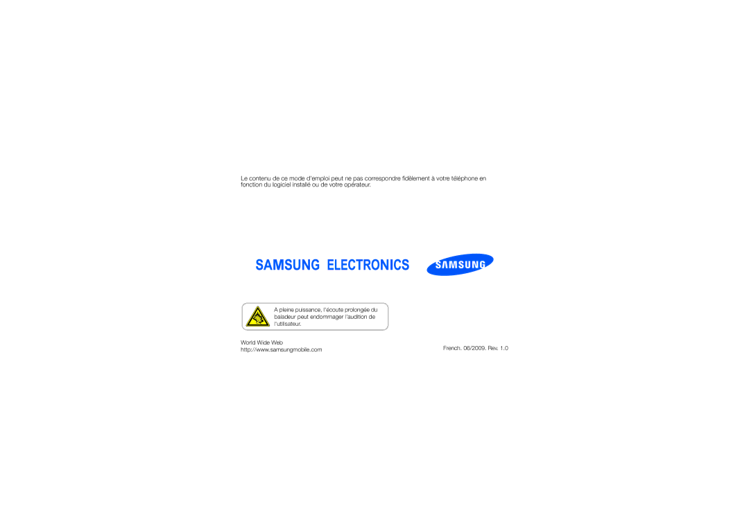 Samsung GT-C6625EKASFR, GT-C6625EKABOG, GT-C6625NBAORC, GT-C6625EKAXEF, GT-C6625EKAFTM manual French /2009. Rev 