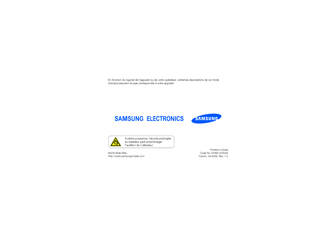 Samsung GT-C6625EKASFR, GT-C6625EKABOG, GT-C6625NBAORC, GT-C6625EKAXEF, GT-C6625EKAFTM manual Code No.GH68-22303A 