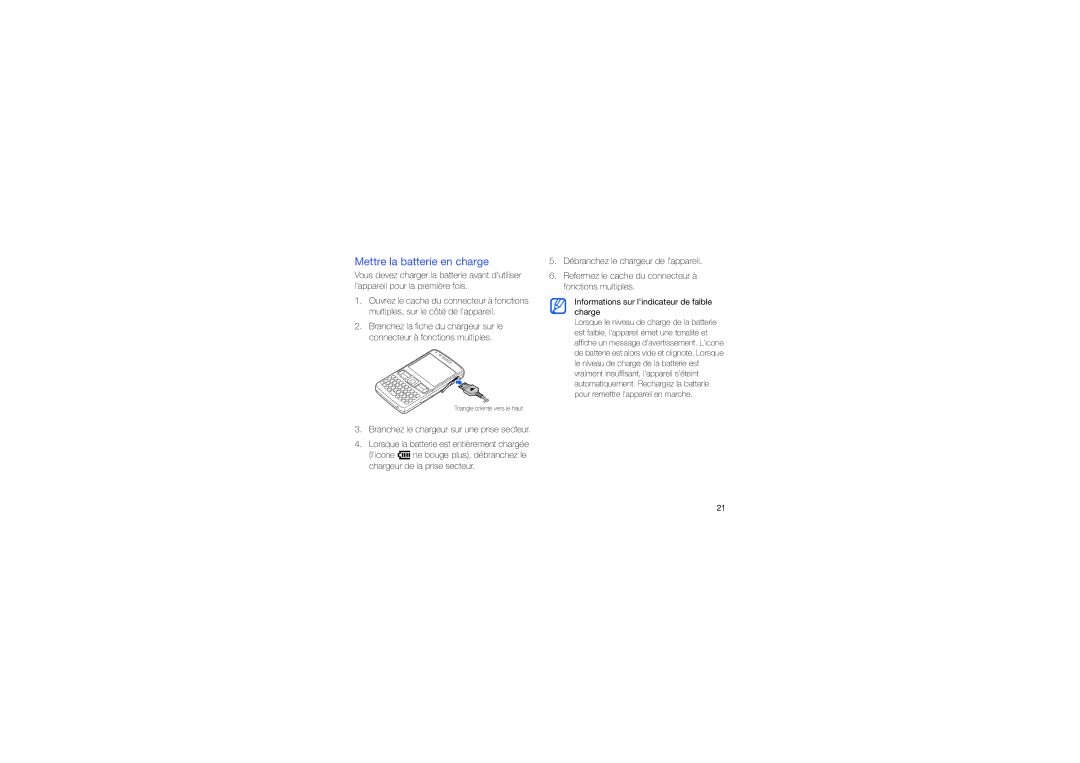 Samsung GT-C6625NBAORC, GT-C6625EKABOG, GT-C6625EKASFR, GT-C6625EKAXEF, GT-C6625EKAFTM manual Mettre la batterie en charge 