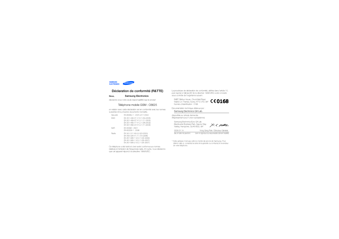 Samsung GT-C6625EKABOG, GT-C6625EKASFR, GT-C6625NBAORC, GT-C6625EKAXEF, GT-C6625EKAFTM manual Déclaration de conformité R&TTE 