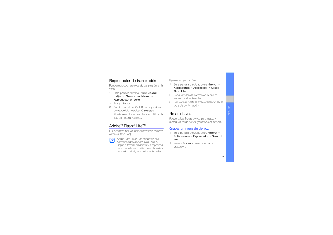 Samsung GT-C6625DGAATL manual Reproductor de transmisión, Adobe Flash Lite, Notas de voz, Grabar un mensaje de voz 
