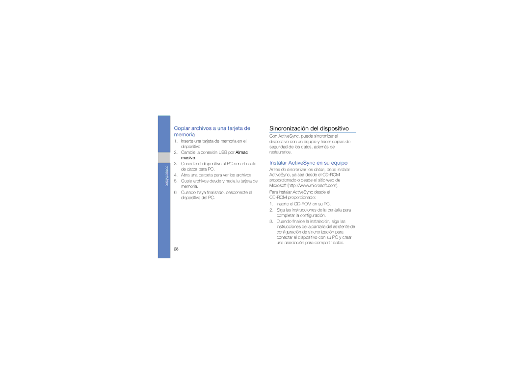 Samsung GT-C6625NBAINU, GT-C6625EKAFOP manual Sincronización del dispositivo, Copiar archivos a una tarjeta de memoria 