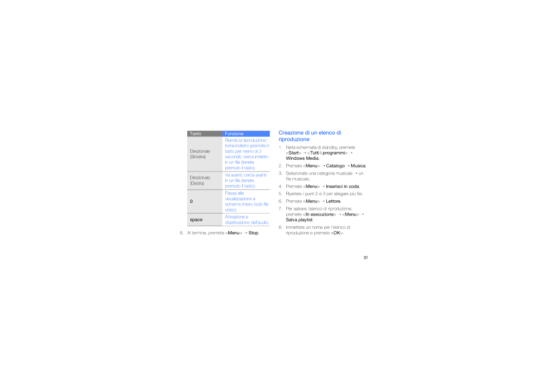 Samsung GT-C6625EKAOMN, GT-C6625EKAWIN, GT-C6625NBAOMN manual Creazione di un elenco di riproduzione 