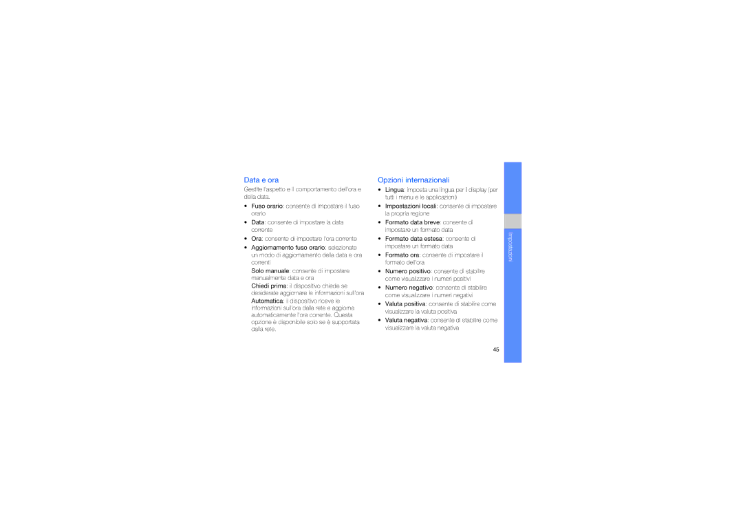 Samsung GT-C6625EKAOMN, GT-C6625EKAWIN, GT-C6625NBAOMN manual Data e ora, Opzioni internazionali 
