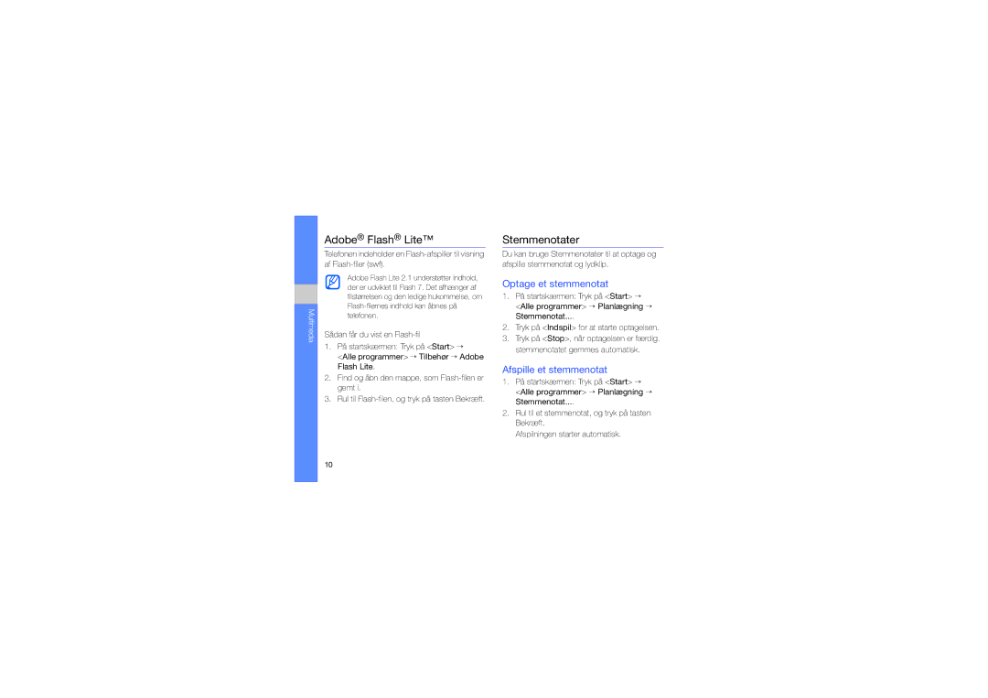 Samsung GT-C6625EKJXEE, GT-C6625EKAXEE Adobe Flash Lite, Stemmenotater, Optage et stemmenotat, Afspille et stemmenotat 