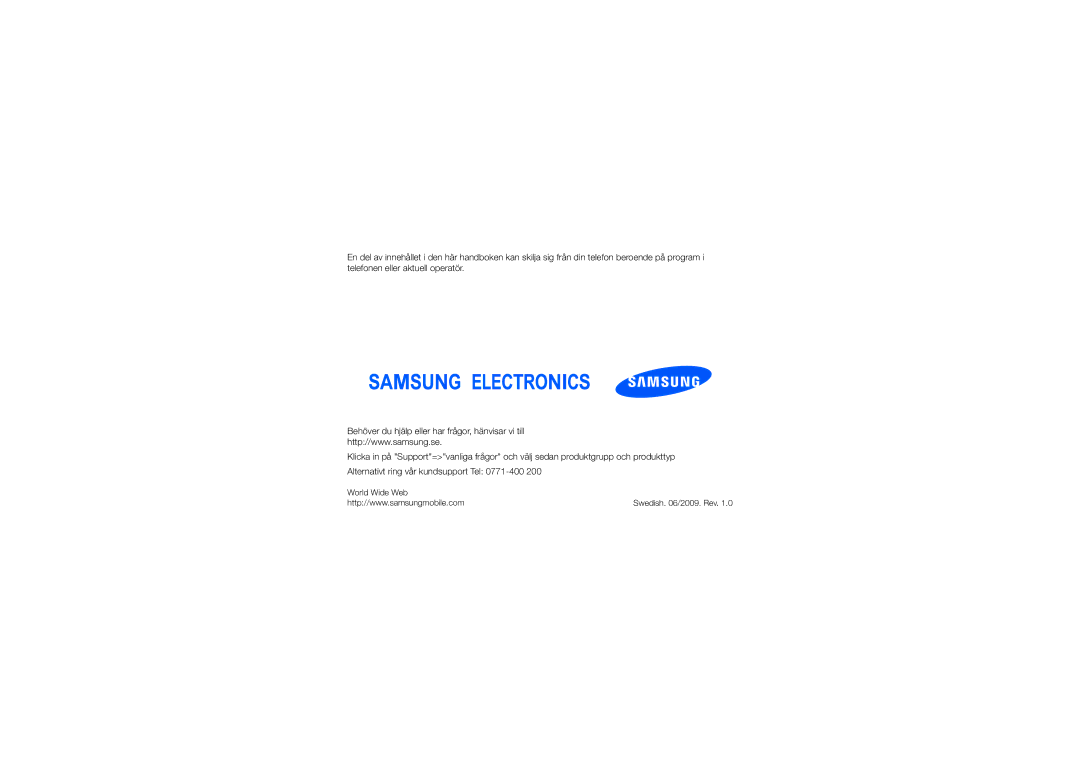 Samsung GT-C6625EKJXEE, GT-C6625EKAXEE manual Swedish /2009. Rev 