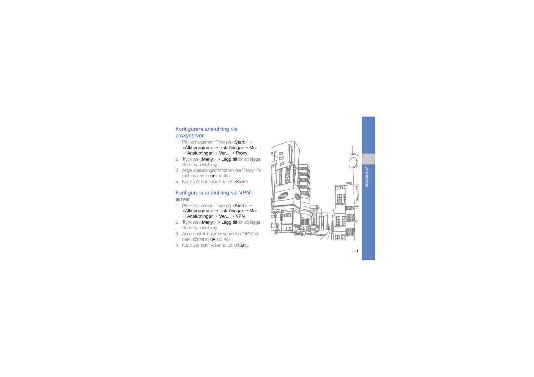 Samsung GT-C6625EKAXEE, GT-C6625EKJXEE manual Konfigurera anslutning via proxyserver, Konfigurera anslutning via VPN- server 