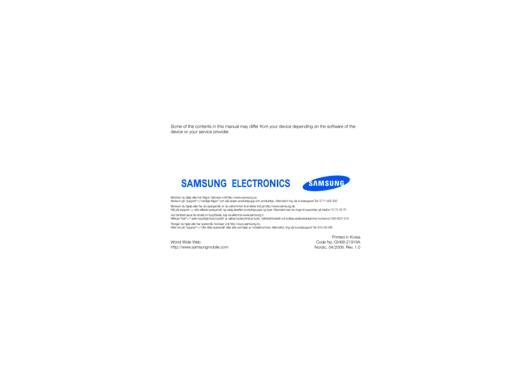 Samsung GT-C6625EKJXEE, GT-C6625EKAXEE manual Danish /2009. Rev 