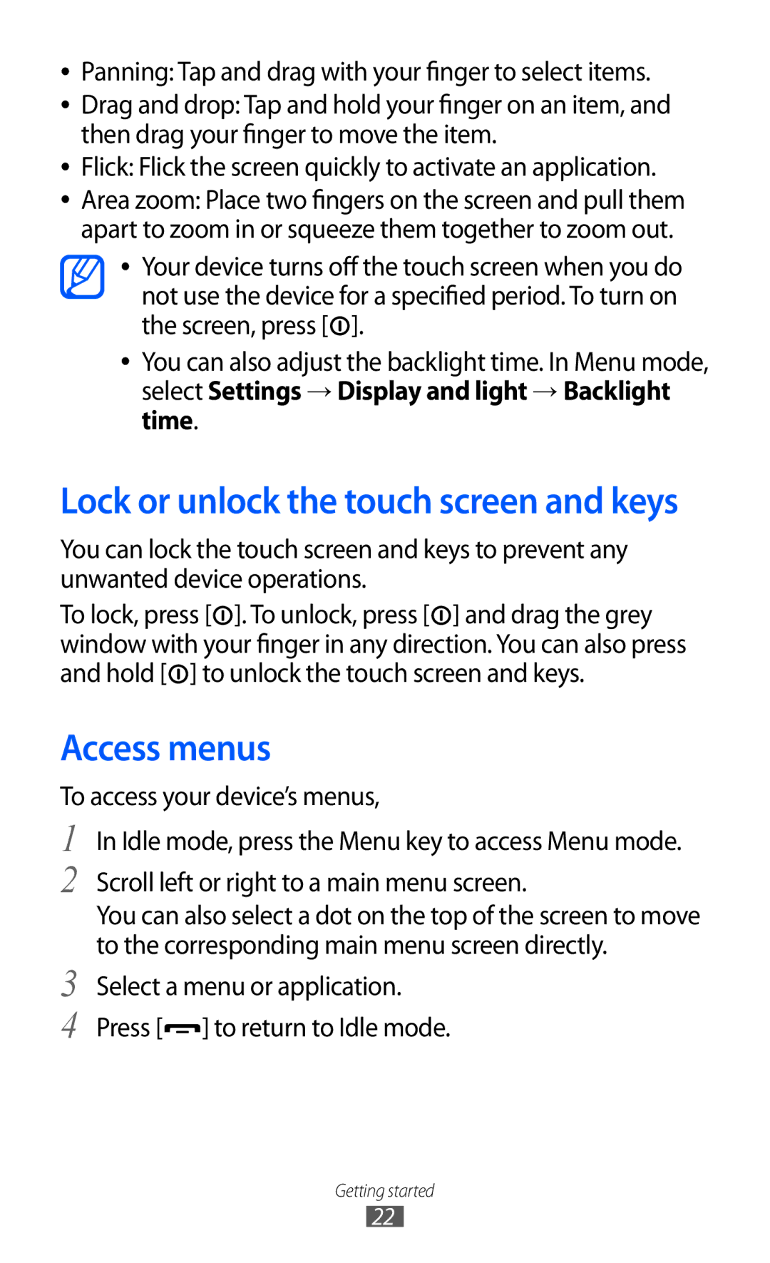 Samsung GT-C6712 user manual Access menus, Lock or unlock the touch screen and keys 