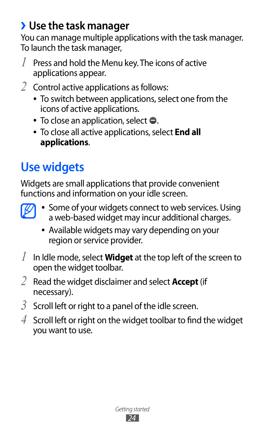 Samsung GT-C6712 user manual Use widgets, ››Use the task manager 