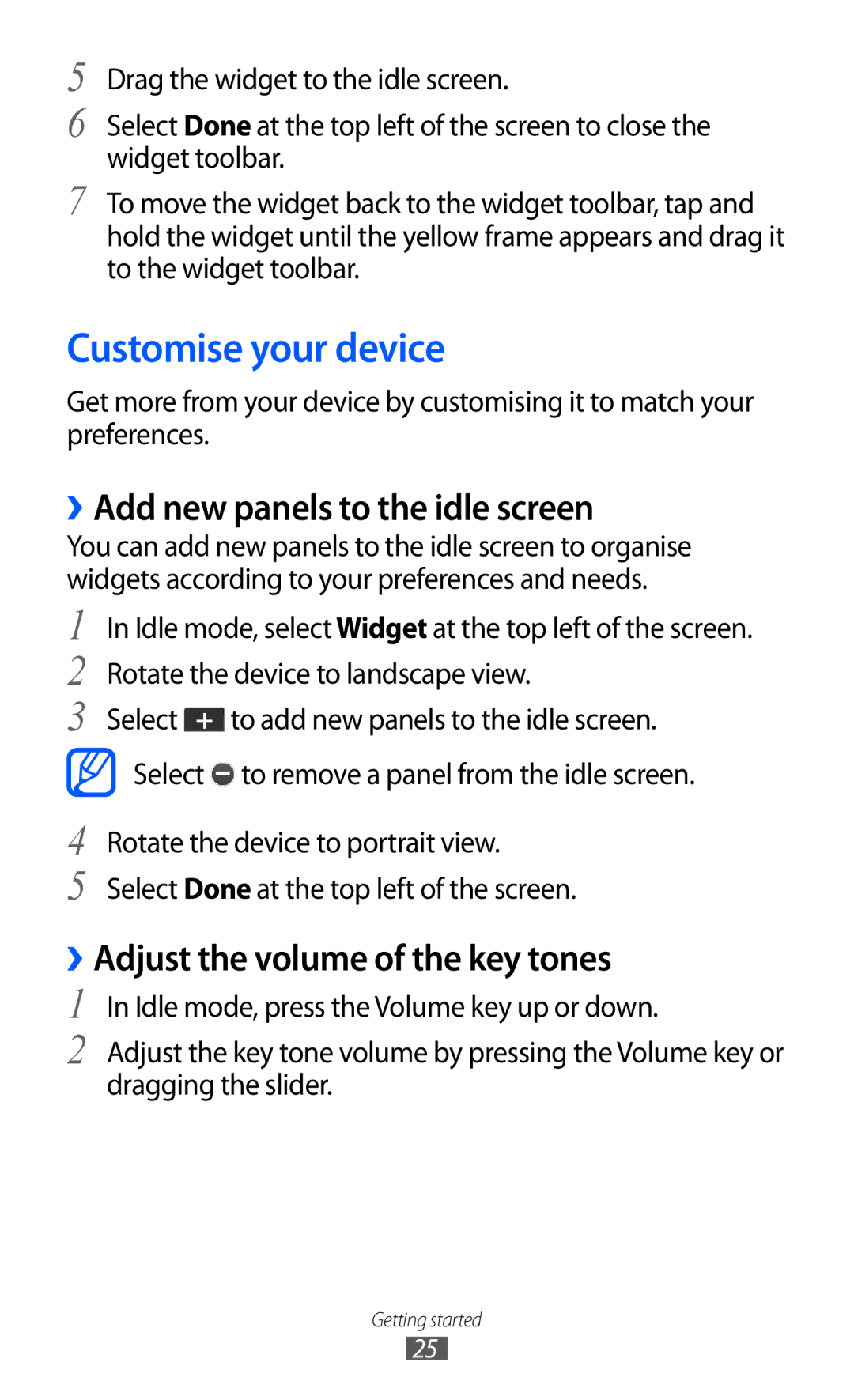 Samsung GT-C6712 Customise your device, ››Add new panels to the idle screen, ››Adjust the volume of the key tones 