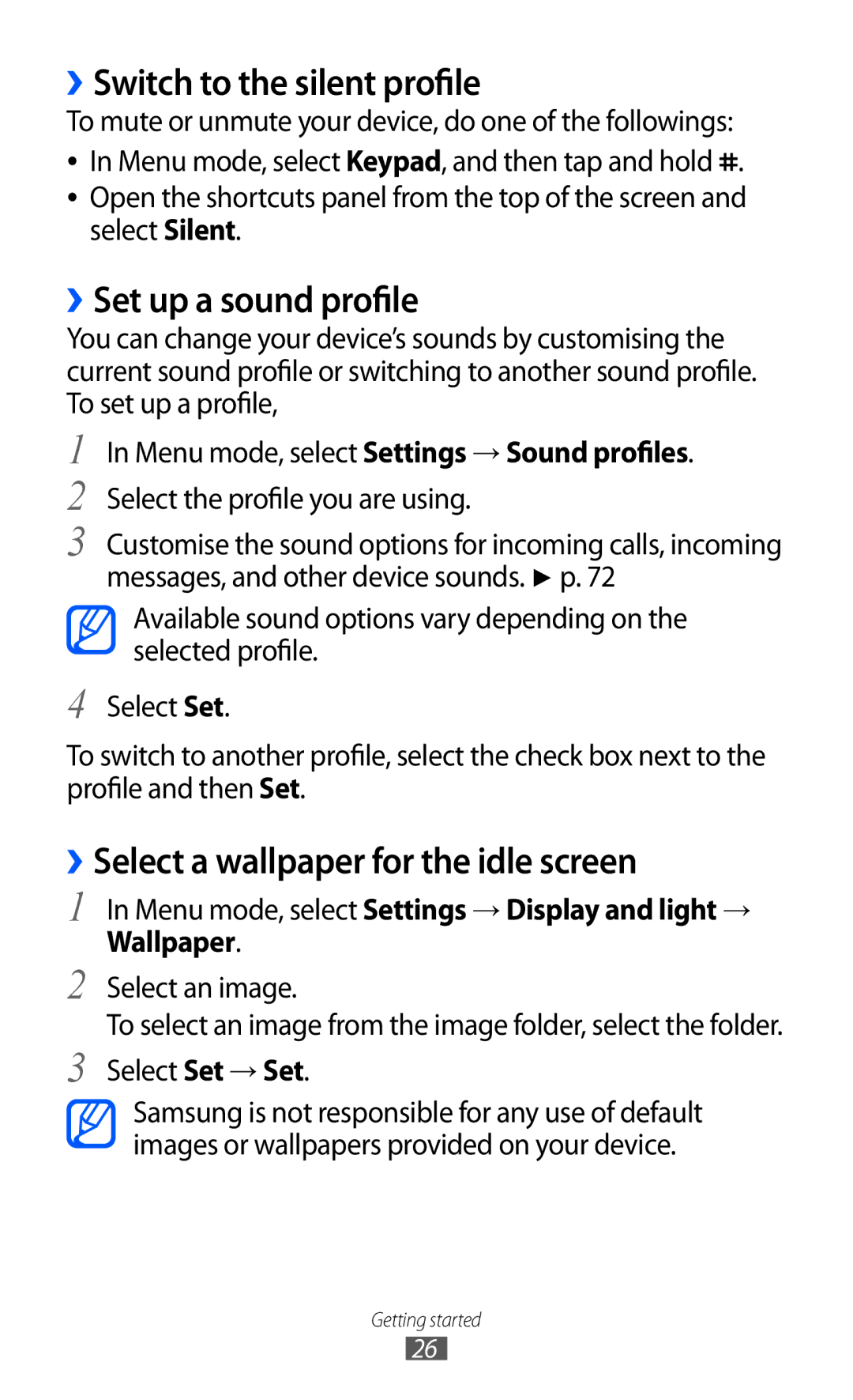 Samsung GT-C6712 ››Switch to the silent profile, ››Set up a sound profile, ››Select a wallpaper for the idle screen 