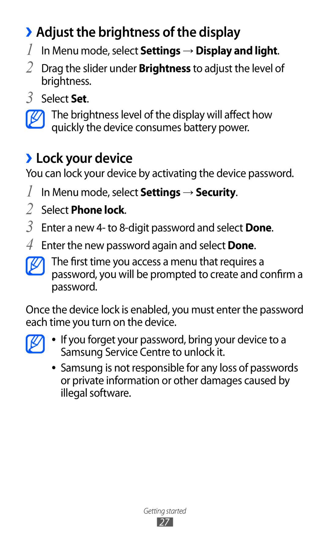 Samsung GT-C6712 user manual ››Adjust the brightness of the display, ››Lock your device, Select Phone lock 